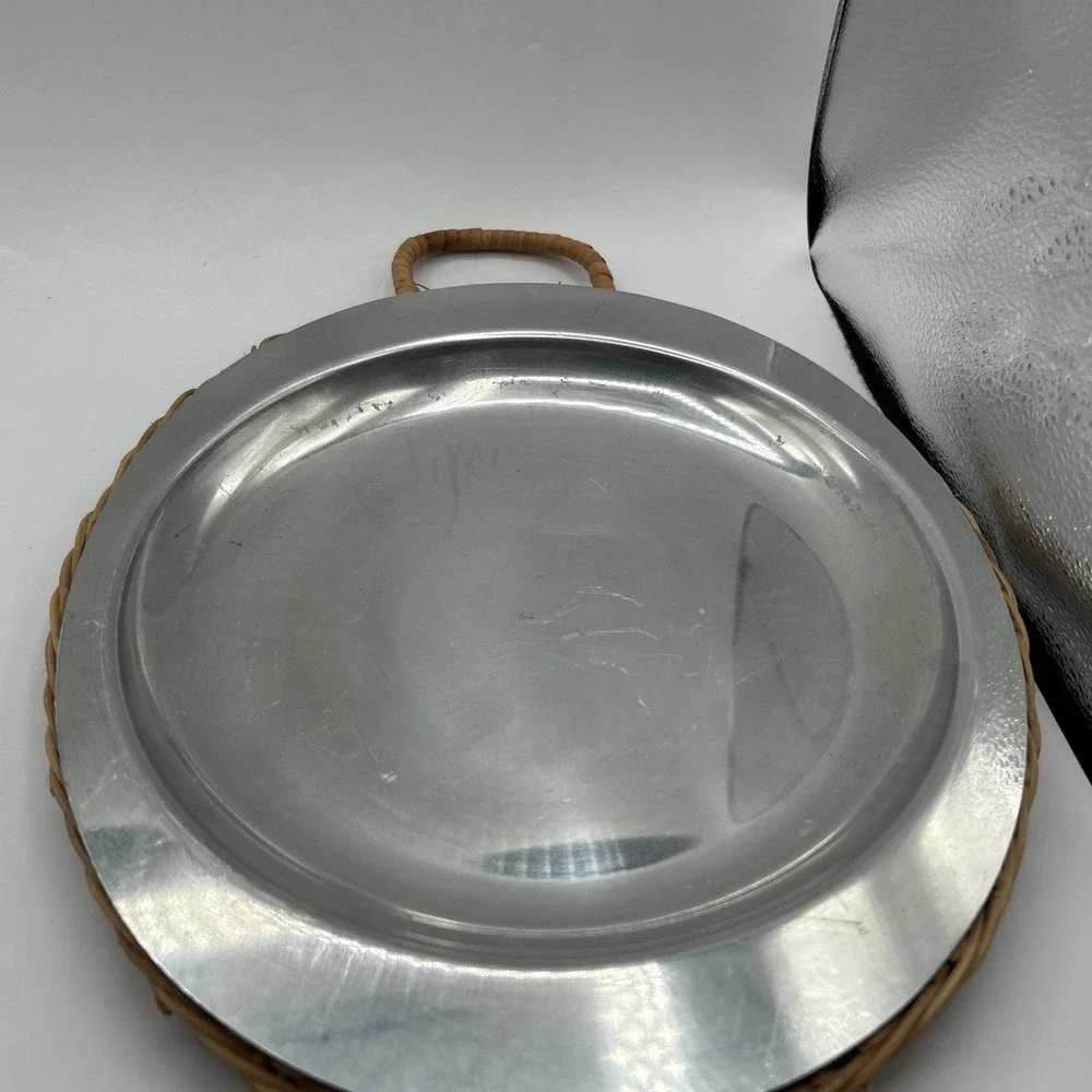 Lot of 4 Metal Oval Plate Platter‎ with Woven Tray Picnic FERRALUM New Vintage